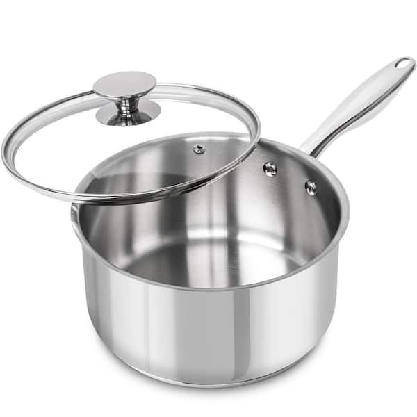 3 Quart Mirror Finish Stainless Steel Saucepan Induction Ready Thick Bottom Glass Lid Cool Grip Handle Piece