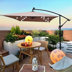 10 ft. Steel Market Outdoor Patio Umbrella in Mushroom with Solar Powered LED Lighted and Cross Base