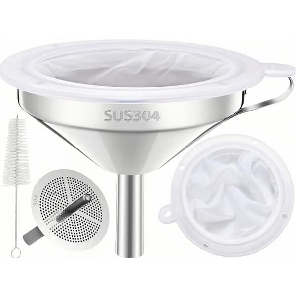 Food Grade Stainless Steel Kitchen Funnel with 200 Mesh Strainer for Oil Grease Juice Milk Coffee 5 Inch Mouth
