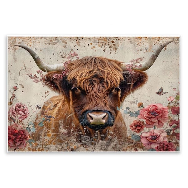 Stupell Industries Highland Cow in Spring by LSR Design Studio Unframed Animal Graphic Art Print 13 in. x 19 in.