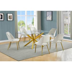 Tom 7-Piece Rectangle Glass Top With Gold Stainless Steel Table Set, Seats 6-Cream Velvet Chair.