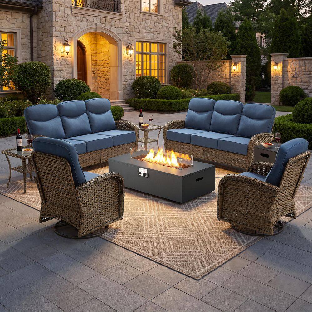 Goyal Brown 7-Piece Patio Fire Pit Conversation Furniture Set, Outdoor Swivel Glider Sofa Set with 6 in. Blue Cushions price history on PriceWatchPro
