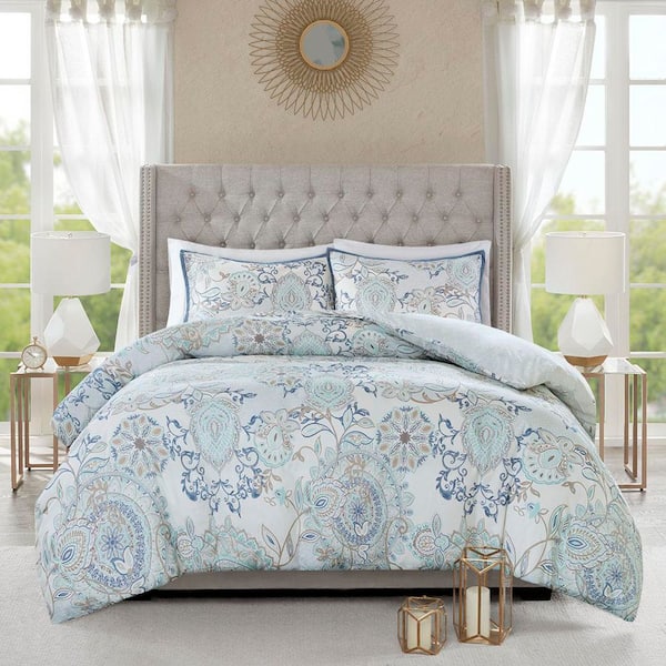 Madison Park Loleta 3-Piece Blue Floral Cotton Percale Full/Queen Printed Reversible Duvet Cover Set