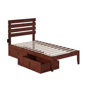 Oxford Walnut Twin Solid Wood Storage Platform Bed with USB Turbo Charger and 2 Drawers