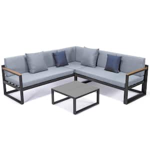 Chelsea Black 3-Piece Metal Outdoor Sectional with Light Grey Cushions