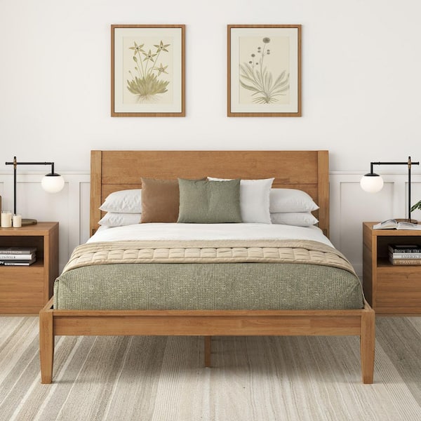 Minimalist Modern Natural Yellow Dark Wood Bed Frame Queen Size Platform Bed with Headboard, Easy Tool-Free Assembly