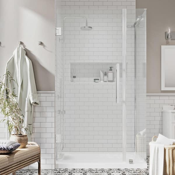 OVE Decors Tampa-Pro 32 in. L x 32 in. W x 75 in. H Square Corner Shower Kit w/Pivot Frameless Shower Door in Chrome and Shower Pan