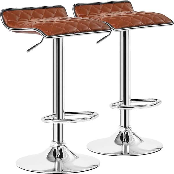 VECELO Adjustable & Rotatable Brown Metal 24.8 in. H Bar Stool with Modern Faux Leather and Metal Bar Stool Set of 2