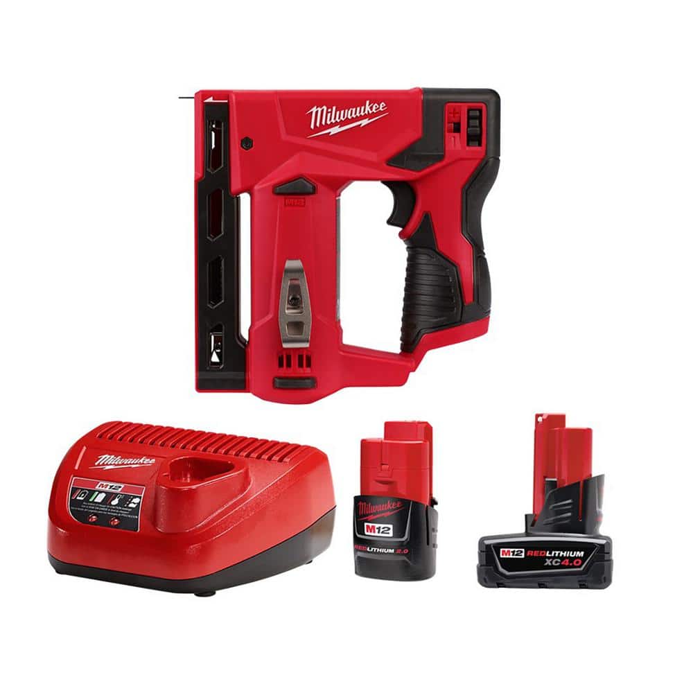 Milwaukee M12 12-Volt Lithium-Ion Cordless 3/8 in. Crown Stapler with One  4.0 Ah and One 2.0 Ah Battery Pack and Charger 2447-20-48-59-2424 - The  Home