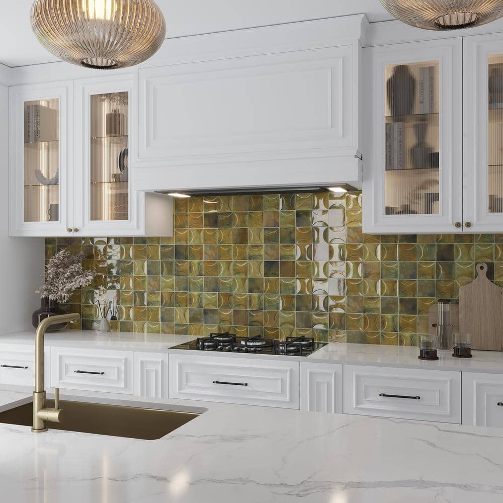 Antiek 4'' x 4'' Glossy Olive Green Ceramic Wall Tile