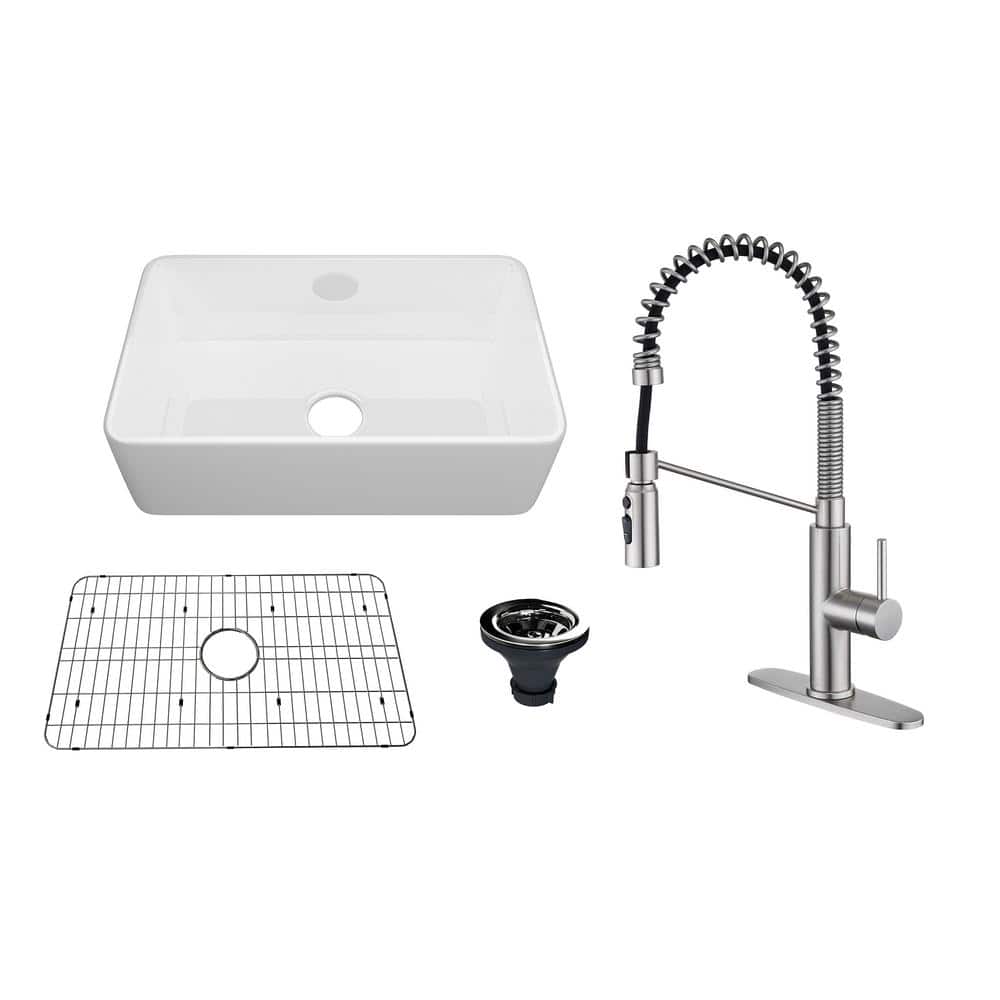 White Fireclay Single Bowl Farmhouse Kitchen Sink with Brushed Nickel Faucet