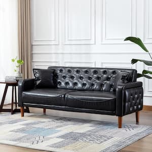 78 in. Wide Square Arm Faux Leather Mid-Century Modern Straight Tufted Sofa with Pillows in Black