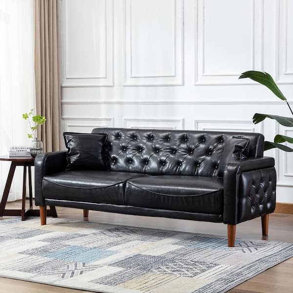 KINWELL 78 in. Wide Square Arm Faux Leather Mid-Century Modern Straight Tufted Sofa with Pillows in Black