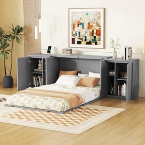 Gray Wood Frame Full Size Murphy Bed with Shelves, Cabinets and USB Ports