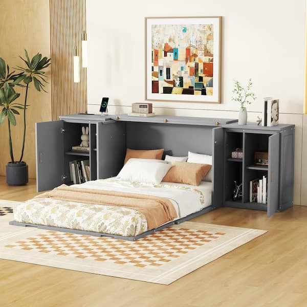 Harper & Bright Designs Gray Wood Frame Full Size Murphy Bed with ...