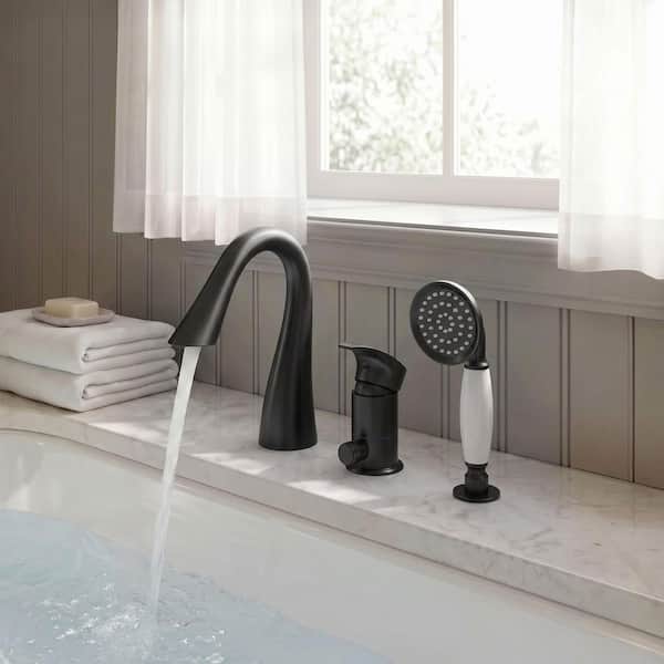 Luxury 1 Handle Deck Mounted Roman Tub Faucet Waterfall Bathtub Faucet with Handheld Shower 2.8 GPM in Matte Black