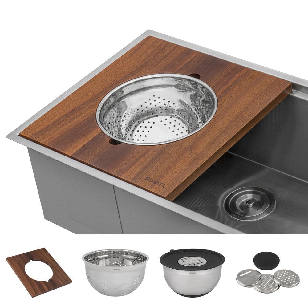 40-Inch Stainless Steel Workstation Sink with Three Bowls and Wood Platform