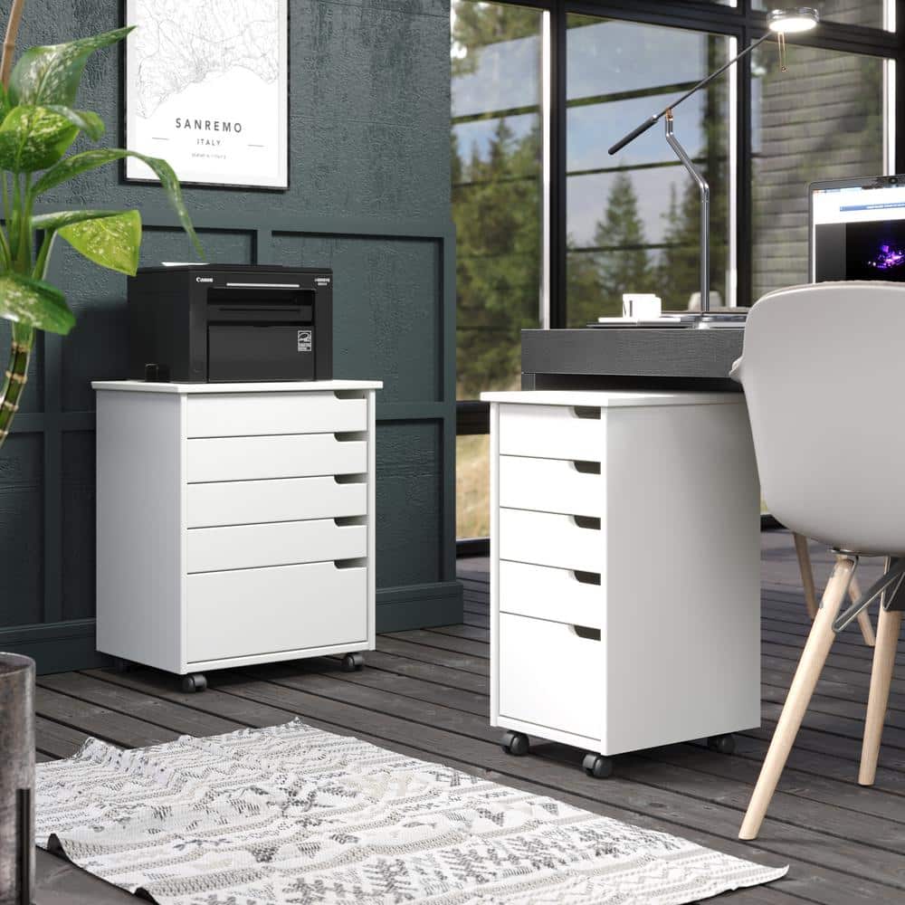 White Solid Wood 5-Drawer Rolling Storage Cart