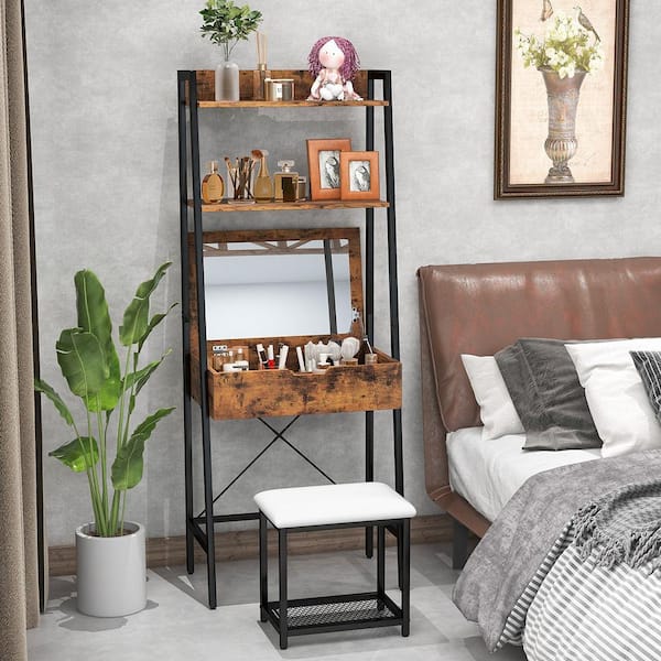 2-Piece Rustic Brown Makeup Vanity Set Flip Top Table Mirror Ladder Storage Shelf Cushioned Stool