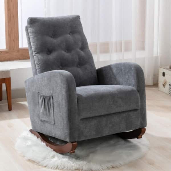 Harper & Bright Designs Antique Gray Stylish Botton Tufted High Back Velvet Rocking Chair with 2 Side Pockets