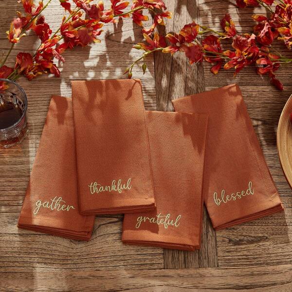 Harvest Sentiment Embroidered Napkins, Set of 4, Rust - 17"W x 17"L