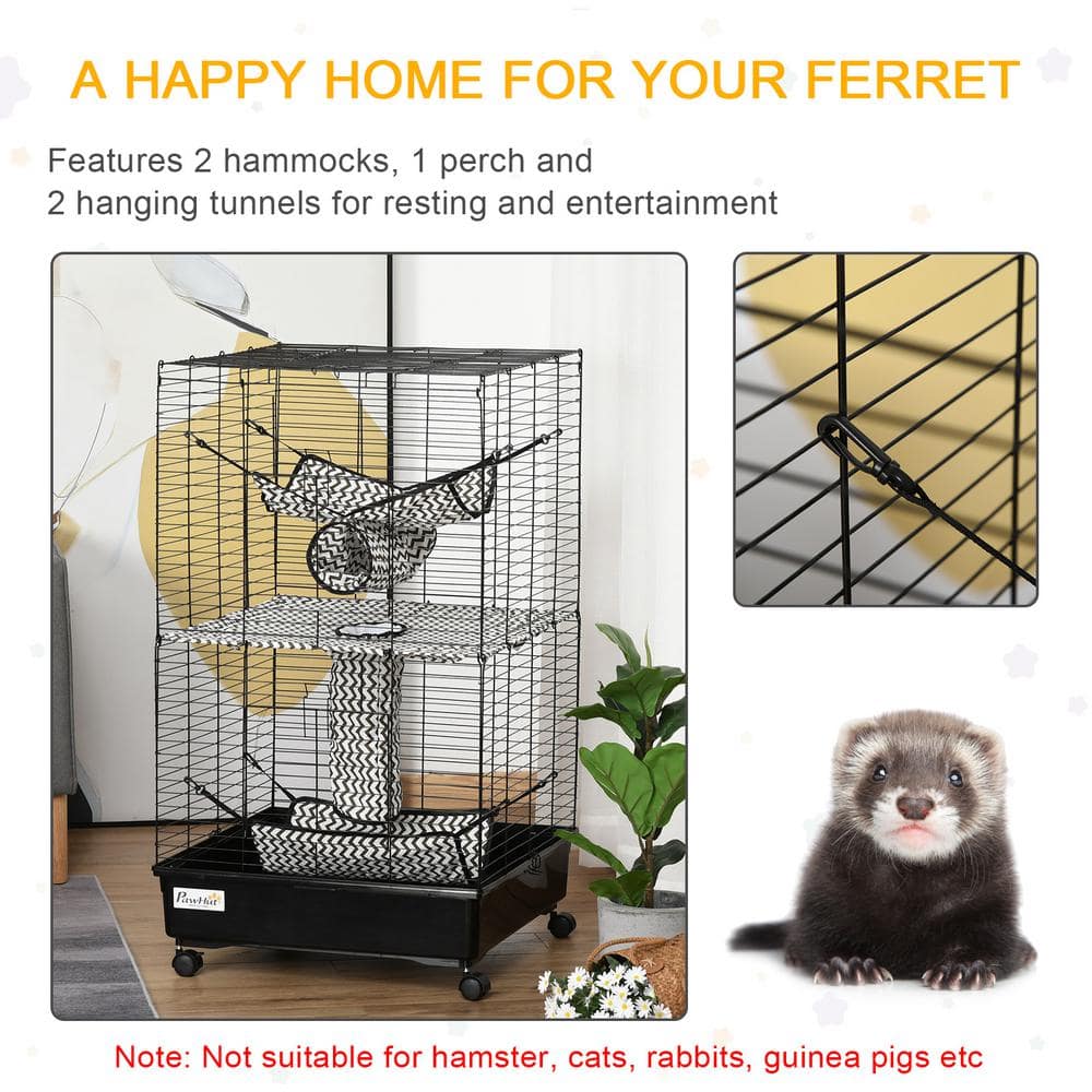 PawHut 42" Black Metal Ferret Cage with Hammocks and Tunnels