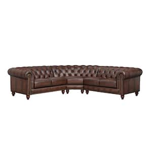Alton Bay 108 in. Rolled Arm 3-Piece Leather Symmetrical Chesterfield Sectional Sofa in Caramel Brown