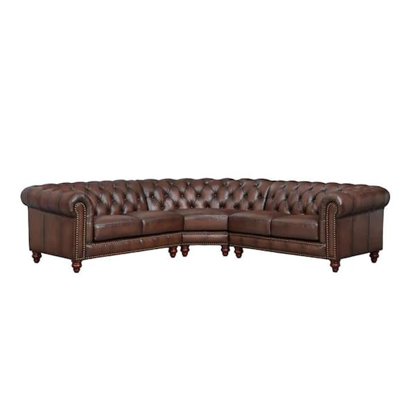 null Alton Bay 108 in. Rolled Arm 3-Piece Leather Symmetrical Chesterfield Sectional Sofa in Caramel Brown