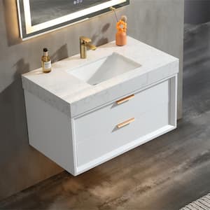 36 in. W x 20.9 in. D x 21.3 in. H Single Sink Wall Mount Bath Vanity in White with Light, White Cultured Marble Top