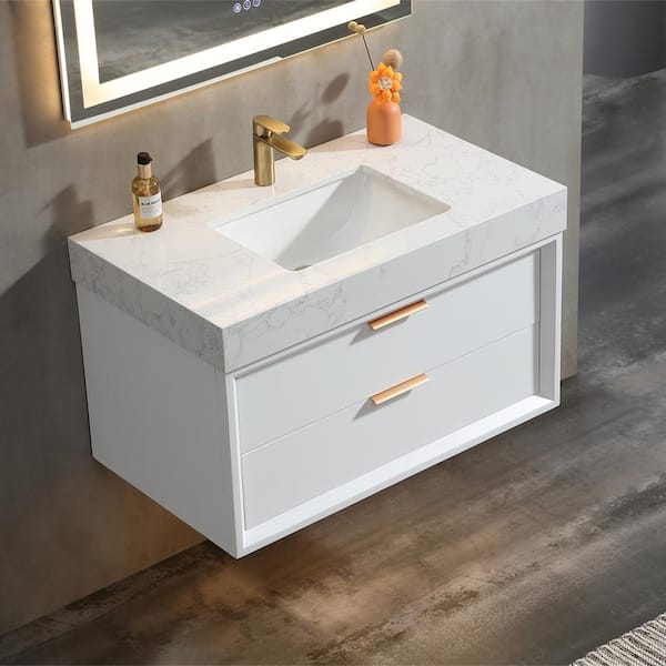 36 in. W x 20.9 in. D x 21.3 in. H Single Sink Wall Mount Bath Vanity in White with Light, White Cultured Marble Top