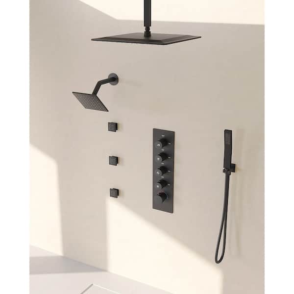 Ceiling Mount 16 in. and 6 in. 15-Spray Dual Fixed and Handheld Shower Head with Body Jets 2.5 GPM in Matte Black