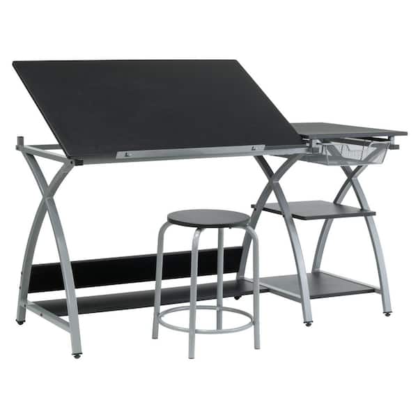 Deluxe 57.5 in. W Craft Station Silver / Black Drafting and Art Desk with Adjustable Top, Storage, and Stool