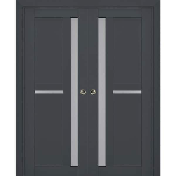 84 in. x 96 in. 2 Panel Antracite Finished Solid Wood Sliding Door with Hardware