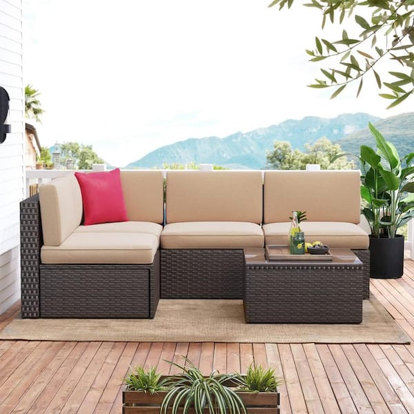 Brown 5-Piece Outdoor Sectional Patio Wicker Conversation Sofa Set with Cushion and Coffee Table Suitable for Small Size