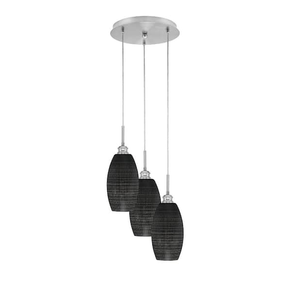 Unbranded Savannah 11.5 in. 3-Light Brushed Nickel Cord Pendant Light Black Matrix Glass Shade
