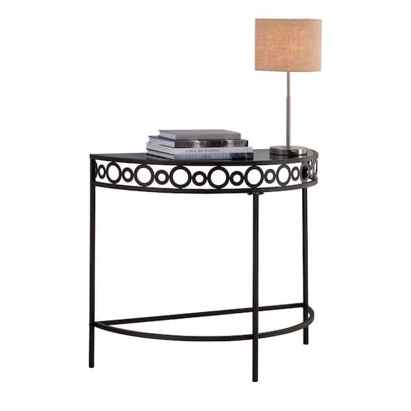 Signature Home SignatureHome Michelino 36 in. L Pewter Black Half-Moon Metal Console Table with Black Tempered Glass Top