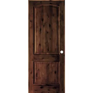 28 in. x 96 in. Knotty Alder 2-Panel Left-Handed Red Mahogany Stain Wood Single Prehung Interior Door with Arch Top