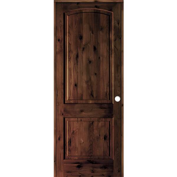 Krosswood Doors 32 in. x 96 in. Knotty Alder 2-Panel Left-Handed Red Mahogany Stain Wood Single Prehung Interior Door with Arch Top