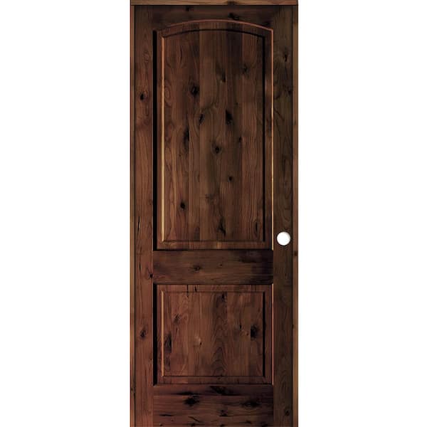 Krosswood Doors 24 in. x 96 in. Rustic Knotty Alder 2-Panel Left Handed Red Mahogany Stain Wood Single Prehung Interior Door w/Arch Top