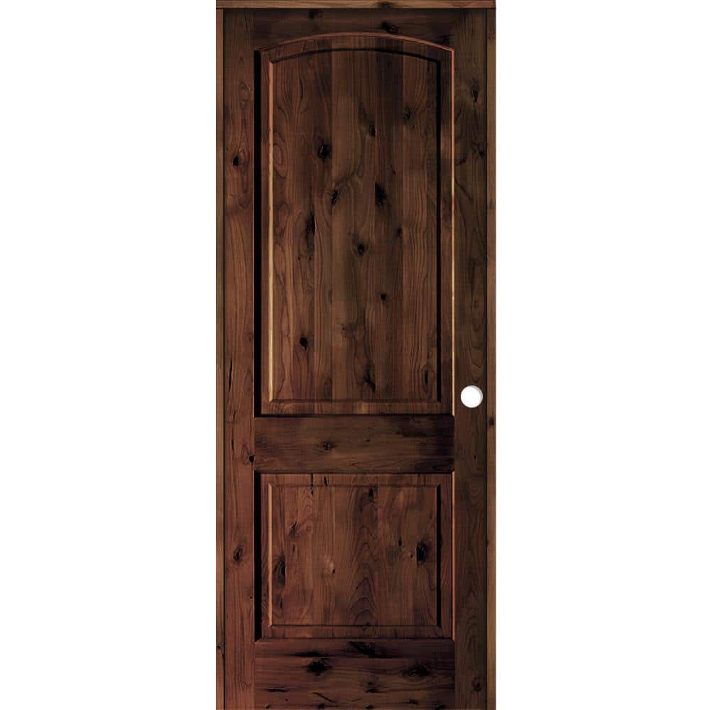 18 in. x 96 in. Rustic Knotty Alder 2-Panel Left Handed Red Mahogany Stain 