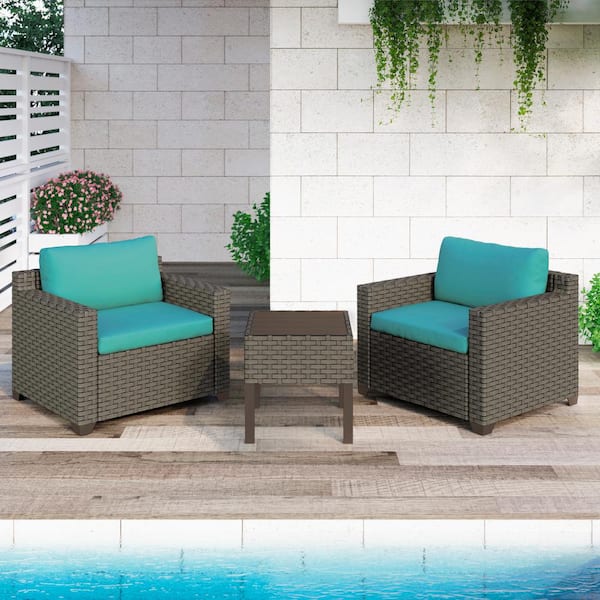 TK CLASSICS Keys 3-Piece Metal Patio Conversation Set with Cyan Cushions