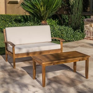 2-Piece Acacia Wood Outdoor Bistro Set, Love Seat and Coffee Table with Beige Water-Resistant Cushions