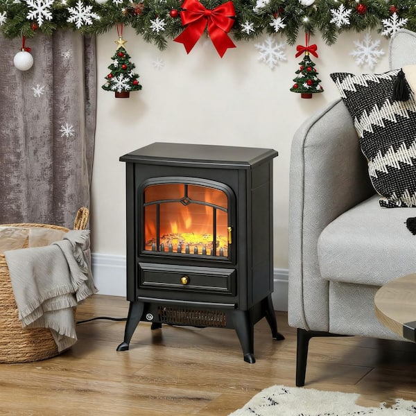 15 in. Freestanding Electric Fireplace Realistic LED Flames and Logs, and Overheating Protection in Black