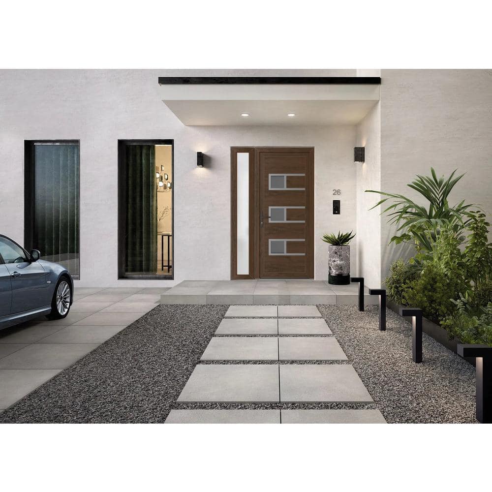Modern Walnut Metal Exterior Door with Frosted Glass Sidelite