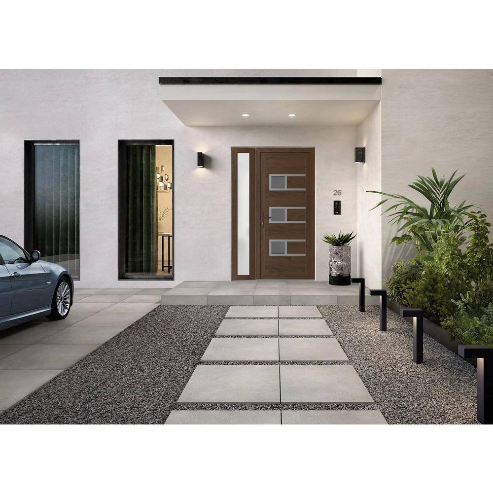Modern Walnut Metal Exterior Door with Frosted Glass Sidelite