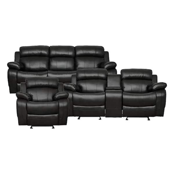 Lazzara Alamo 86.5 in. W. Pillow Top Arm Faux Leather Rectangle 3-Piece Manual Reclining Sofa Set in Black