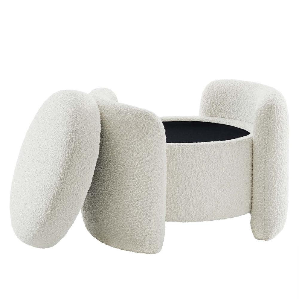 Ivory Boucle Round Upholstered Storage Ottoman