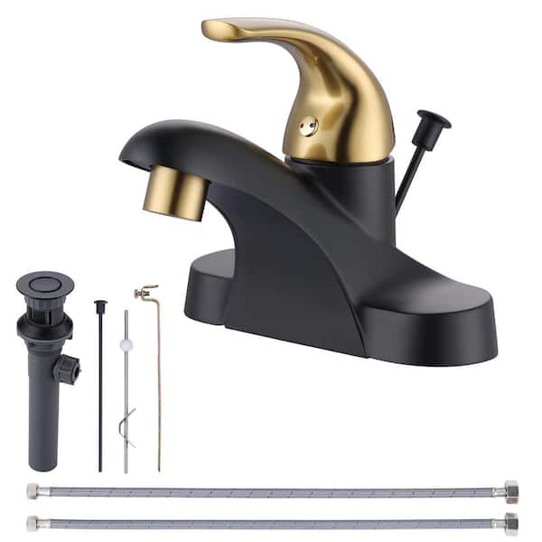 ARCORA 4 in. Center Set Single Handle Low Arc Bathroom Faucet with Drain Kit Included in Black and Gold