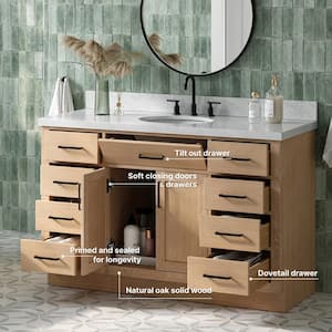 Hepburn 55 in. W x 22 in. D x 36 in. H Single Sink Bath Vanity in Oak with Italian Carrara Marble Top