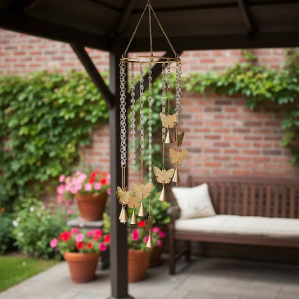Liv & Skye 38 in. Gold Metal Butterflies And Crystals Hanging Wind Chime